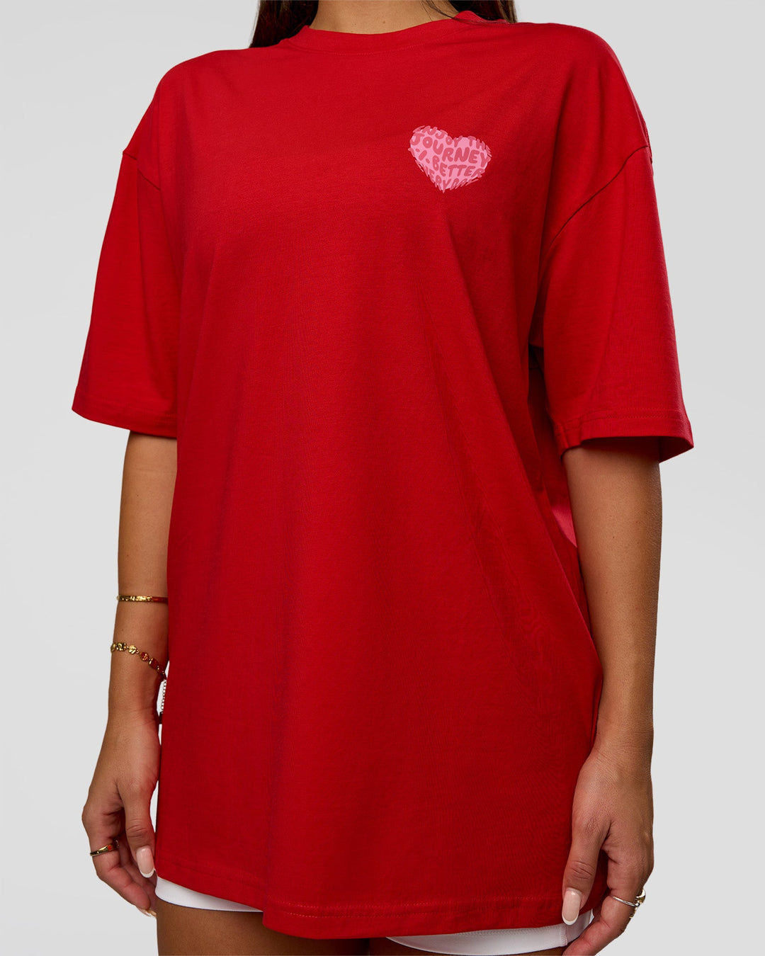 Woman wearing Love the Journey FLXCotton Oversized Tee - Flame-Candy Pink | Model:Bianca | Size:XS