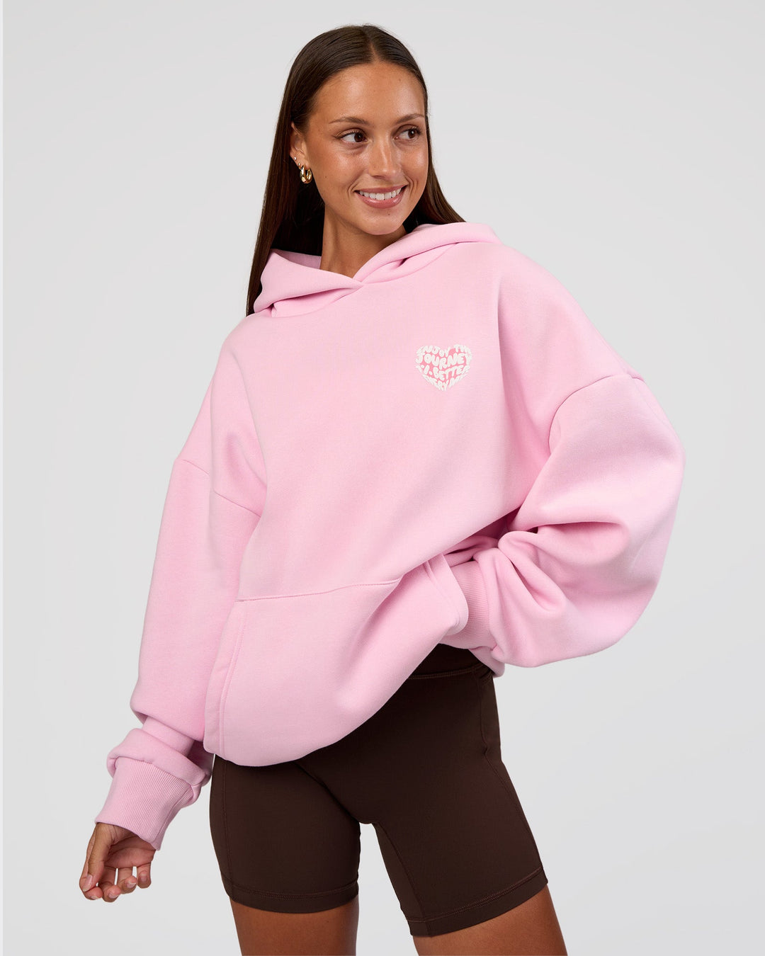 Woman wearing Love The Journey Unisex Oversized Hoodie - Marshmallow-White | Model:Brylee | Size:XS