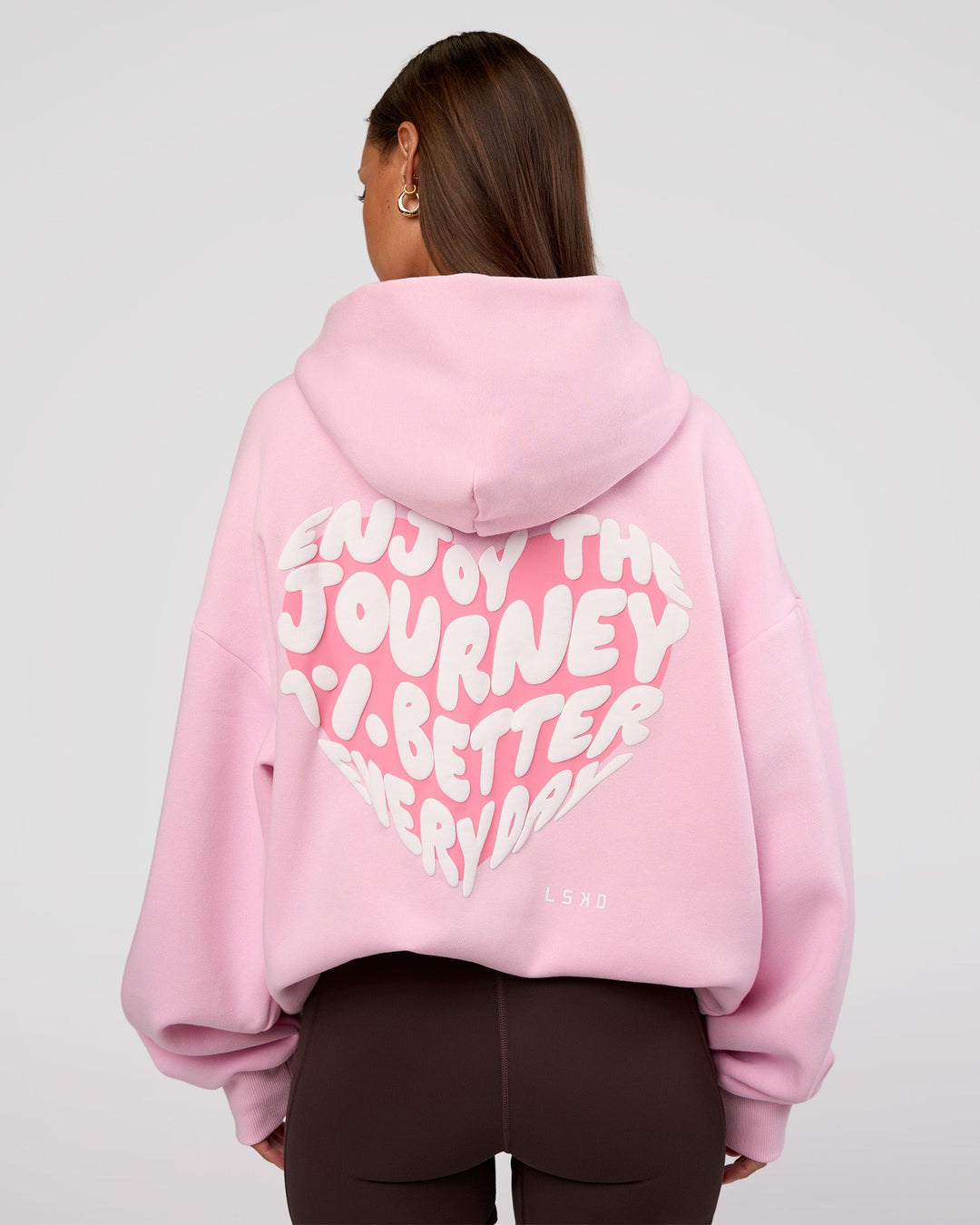 Woman wearing Love The Journey Unisex Oversized Hoodie - Marshmallow-White | Model:Brylee | Size:XS