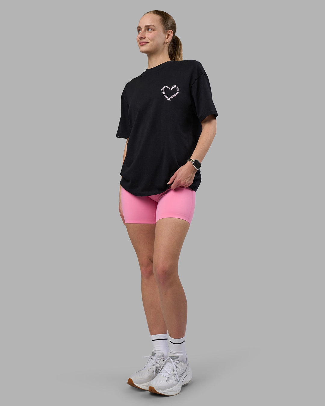 Woman wearing Love The Process FLXCotton Oversize Tee - Black-Bubblegum | Model:Lillie | Size:XS