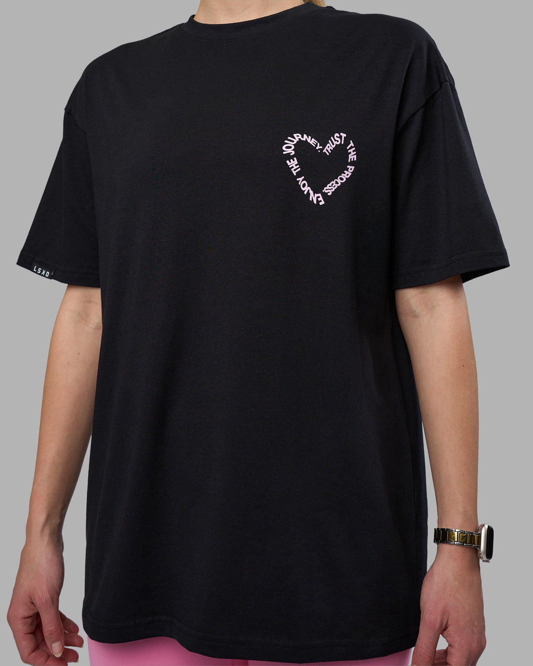 Woman wearing Love The Process FLXCotton Oversize Tee - Black-Bubblegum | Model:Lillie | Size:XS