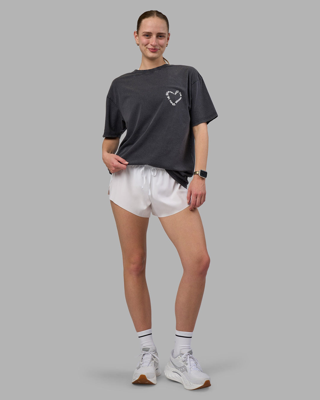Woman wearing Love The Process FLXCotton Oversize Tee - Black Washed-White | Model:Lillie | Size:XS