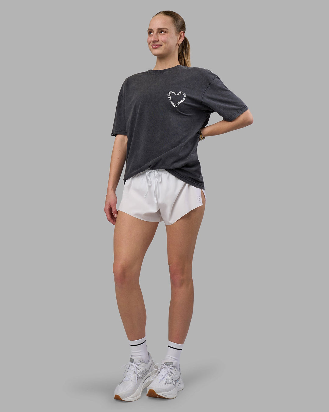 Woman wearing Love The Process FLXCotton Oversize Tee - Black Washed-White | Model:Lillie | Size:XS