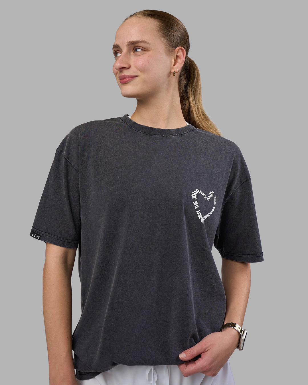 Woman wearing Love The Process FLXCotton Oversize Tee - Black Washed-White | Model:Lillie | Size:XS
