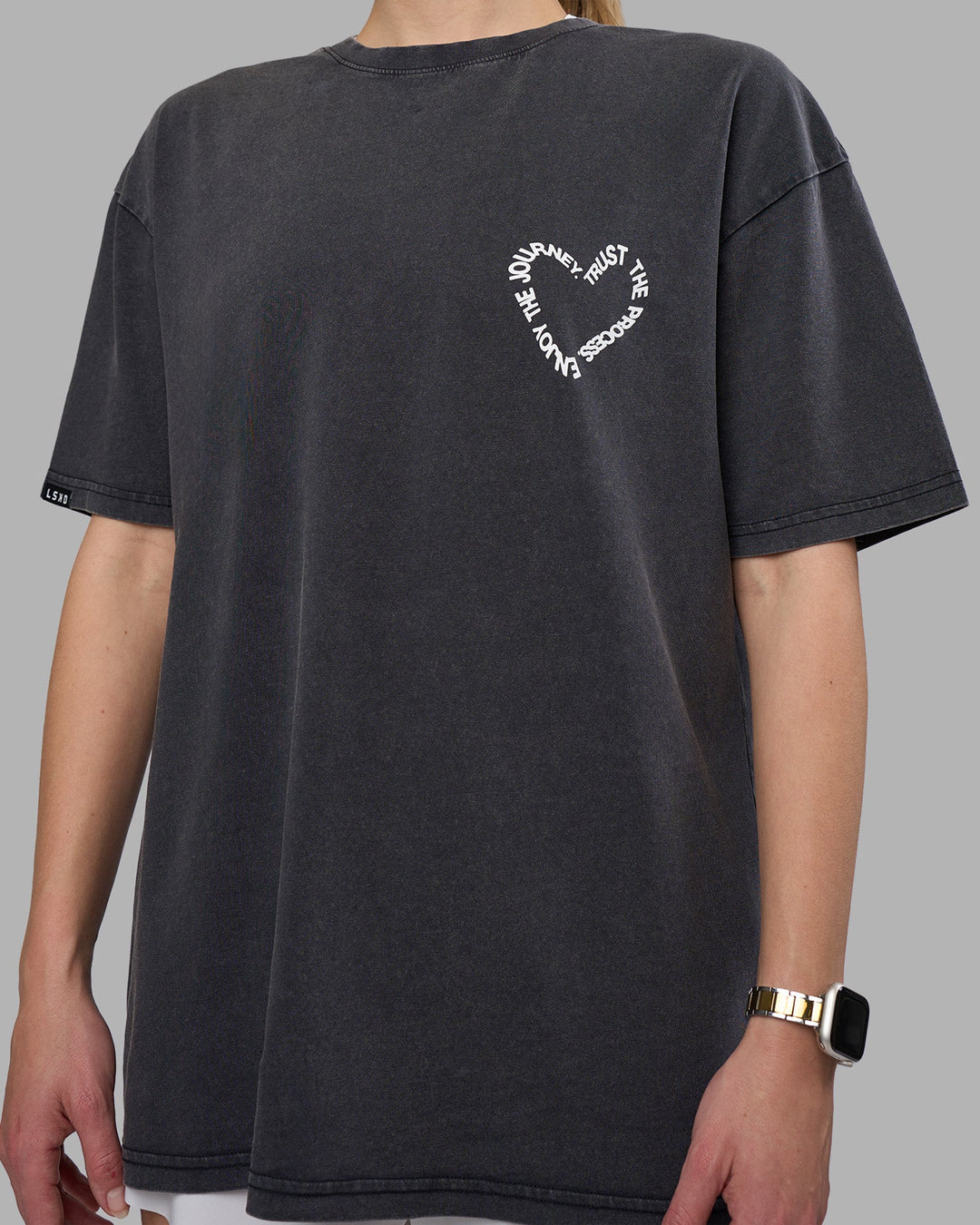 Woman wearing Love The Process FLXCotton Oversize Tee - Black Washed-White | Model:Lillie | Size:XS