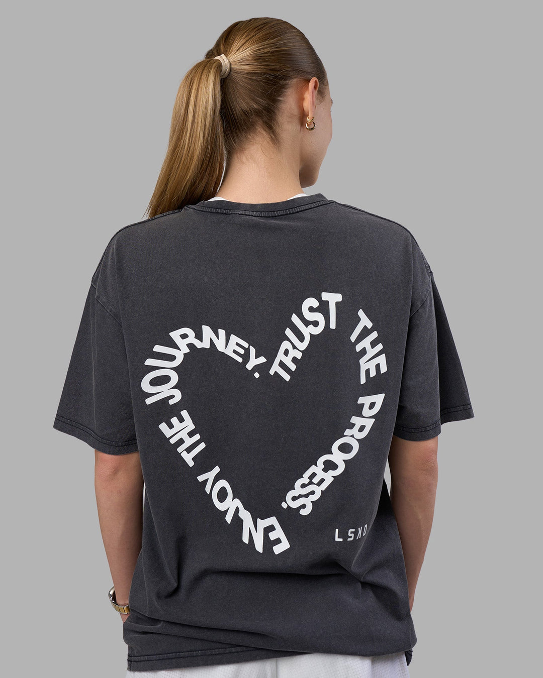 Woman wearing Love The Process FLXCotton Oversize Tee - Black Washed-White | Model:Lillie | Size:XS