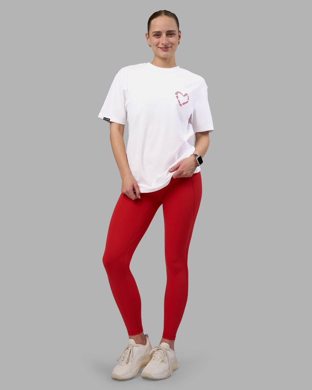Woman wearing Love The Process FLXCotton Oversize Tee - White-Scarlet | Model:Lillie | Size:XS