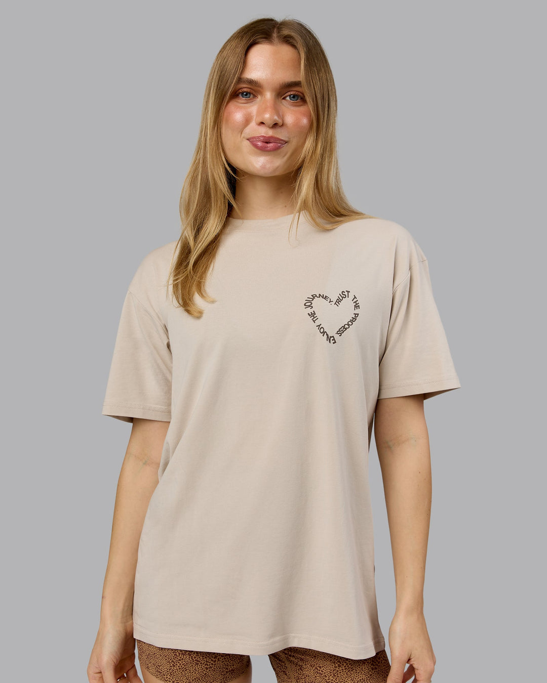 Woman wearing Love The Process FLXCotton Oversize Tee - Shale Beige-Choc | Model:Emilie | Size:XS