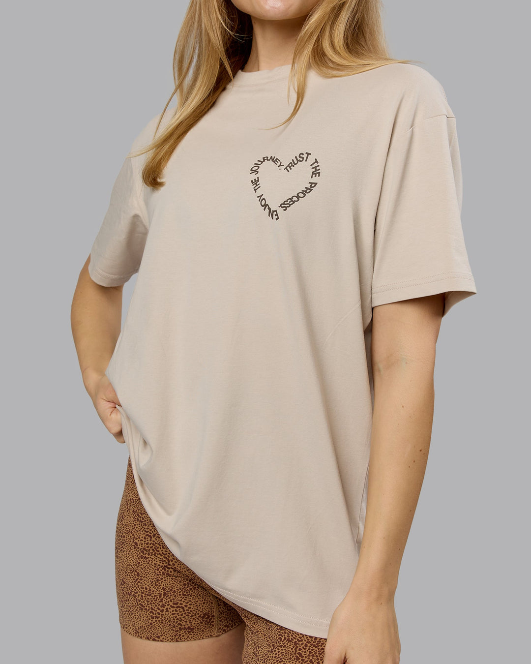 Woman wearing Love The Process FLXCotton Oversize Tee - Shale Beige-Choc | Model:Emilie | Size:XS