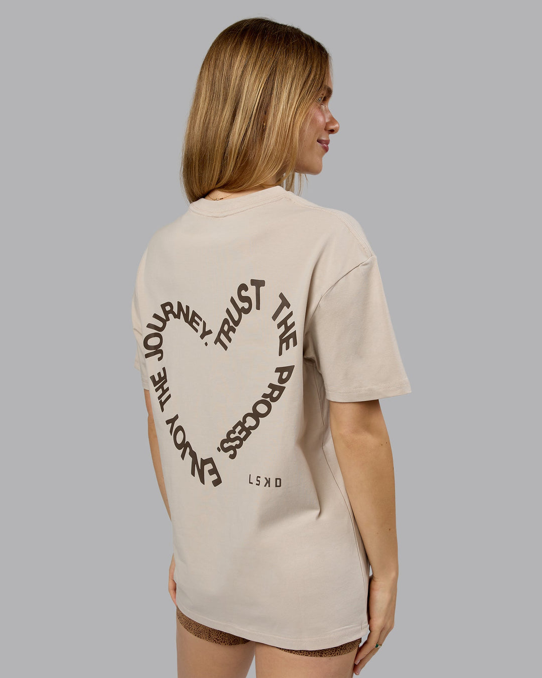 Woman wearing Love The Process FLXCotton Oversize Tee - Shale Beige-Choc | Model:Emilie | Size:XS