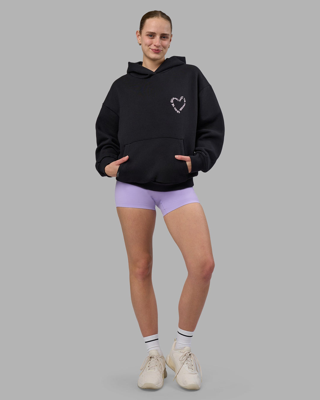 Woman wearing Unisex Love The Process Oversize Hoodie - Black-Bubble Gum | Model:Lillie | Size:XS
