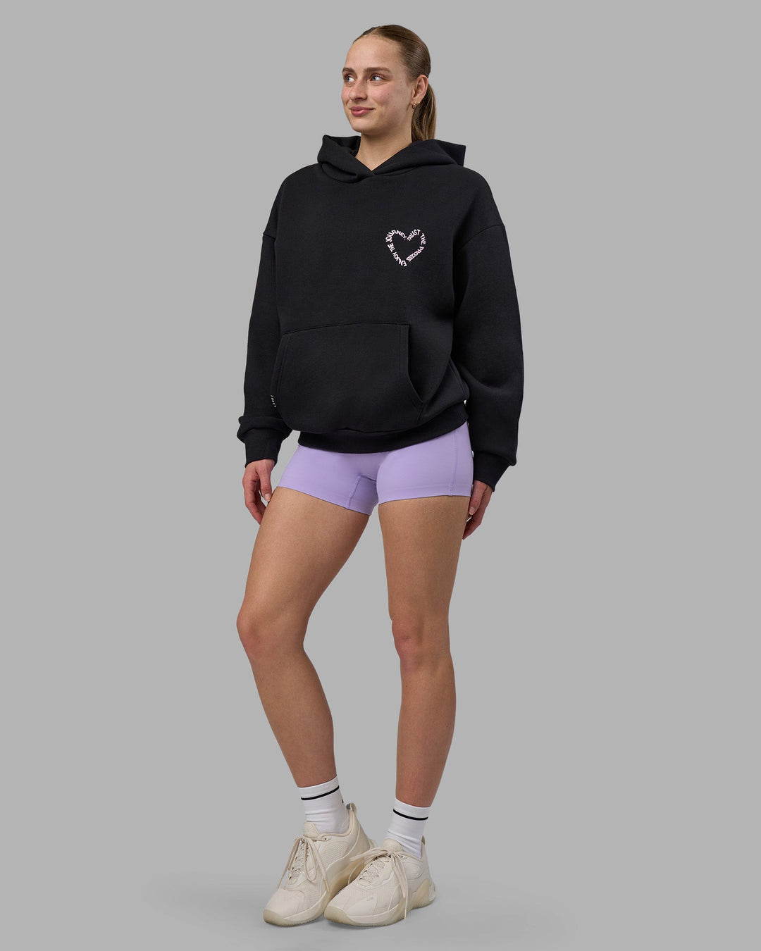 Woman wearing Unisex Love The Process Oversize Hoodie - Black-Bubble Gum | Model:Lillie | Size:XS