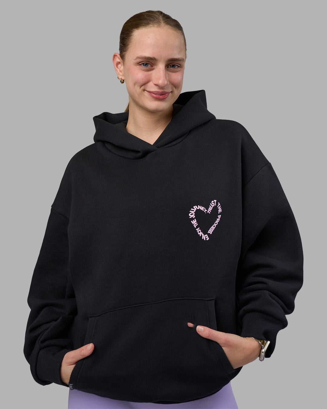 Woman wearing Unisex Love The Process Oversize Hoodie - Black-Bubble Gum | Model:Lillie | Size:XS
