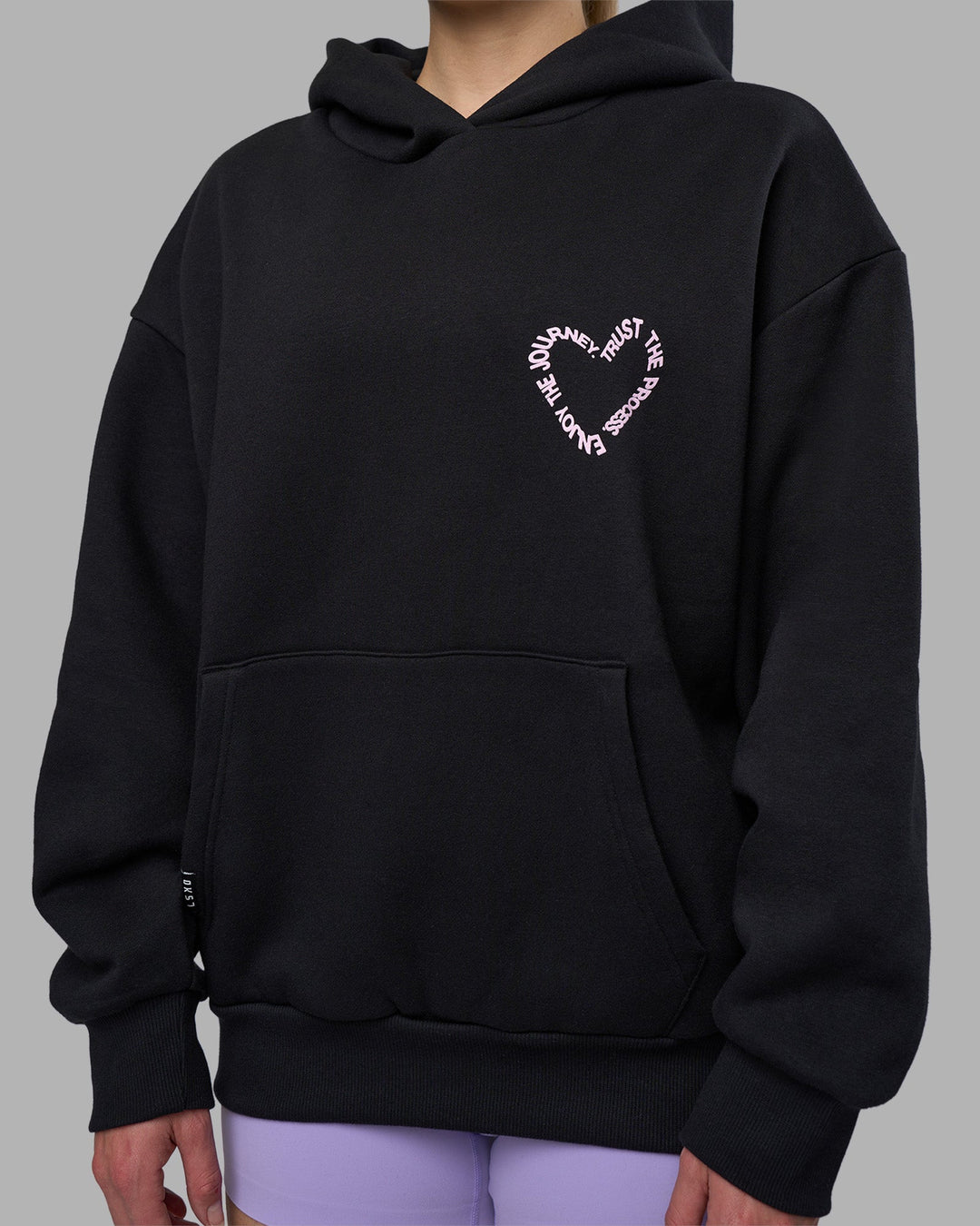 Woman wearing Unisex Love The Process Oversize Hoodie - Black-Bubble Gum | Model:Lillie | Size:XS