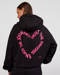 Woman wearing Love The Process Zip Through Hoodie - Black-Sugar Plum | Model:Brylee | Size:XS