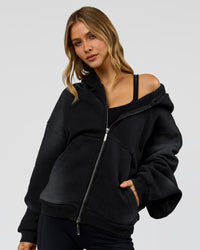 Woman wearing Memory in Motion Ultra Heavyweight Zip Thru Hoodie - Black Washed | Model:Leilani | Size:XS