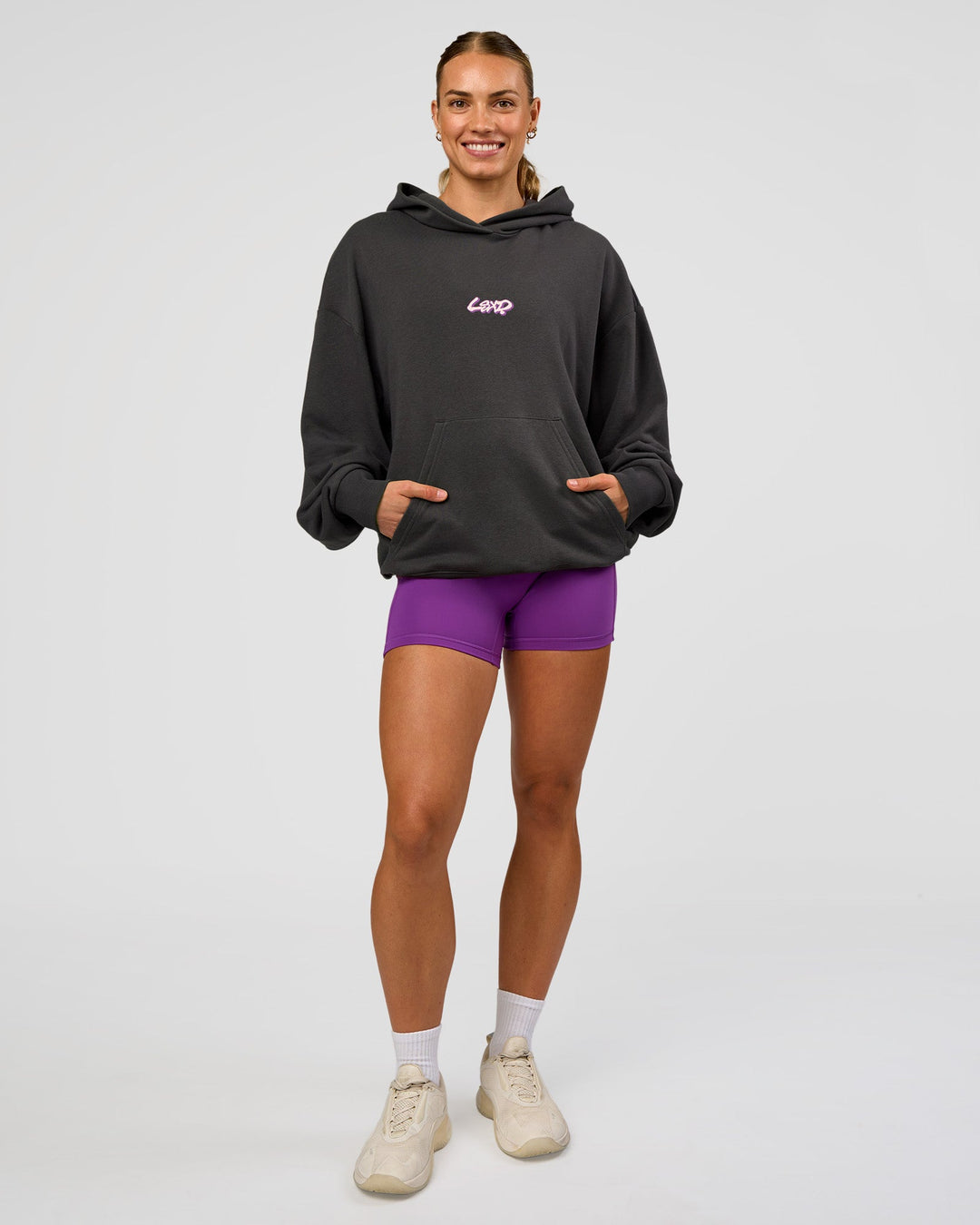 Woman wearing Miami Vibe Oversized Hoodie - Dark Storm-Marshmallow | Model:Maja | Size:XS