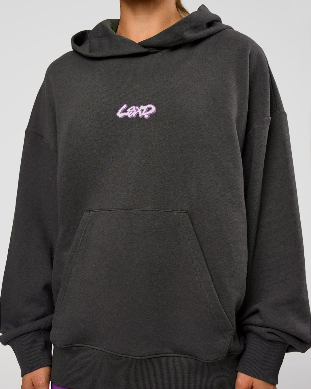 Woman wearing Miami Vibe Oversized Hoodie - Dark Storm-Marshmallow | Model:Maja | Size:XS