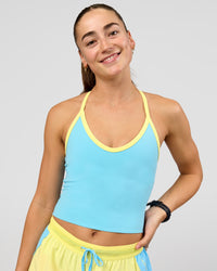 Woman wearing Milla Shelf Bra Tank - Baltic Sea-Lemon | Model:Grace | Size:XS