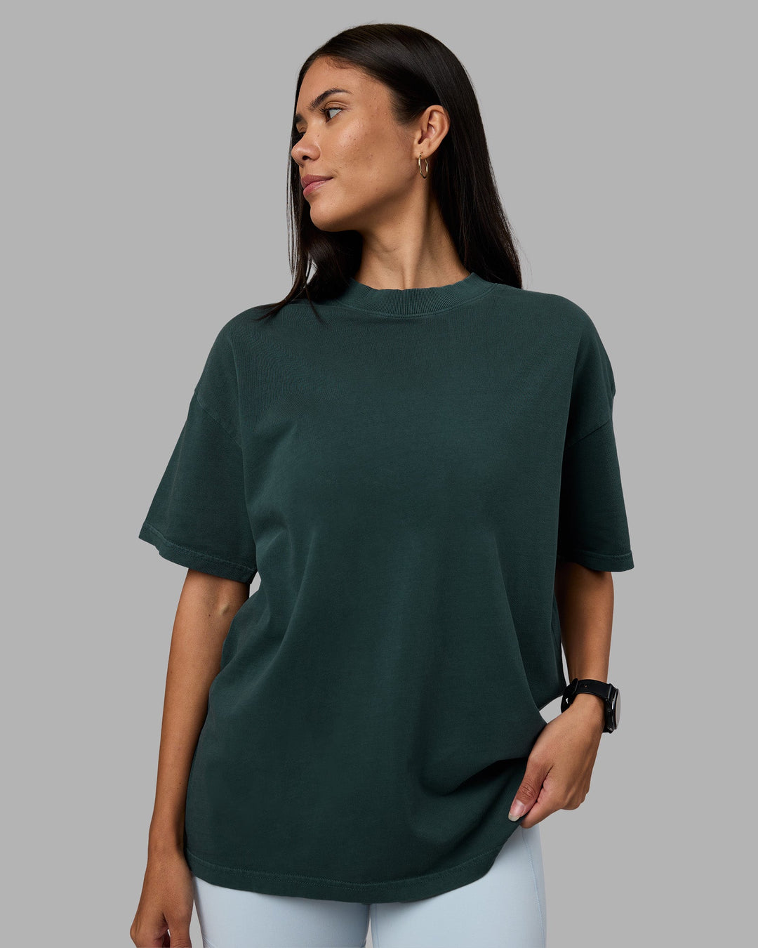 Woman wearing Move Fast Washed Heavyweight Tee Oversize - Deep Sea-White | Model:Rhiley | Size:XS