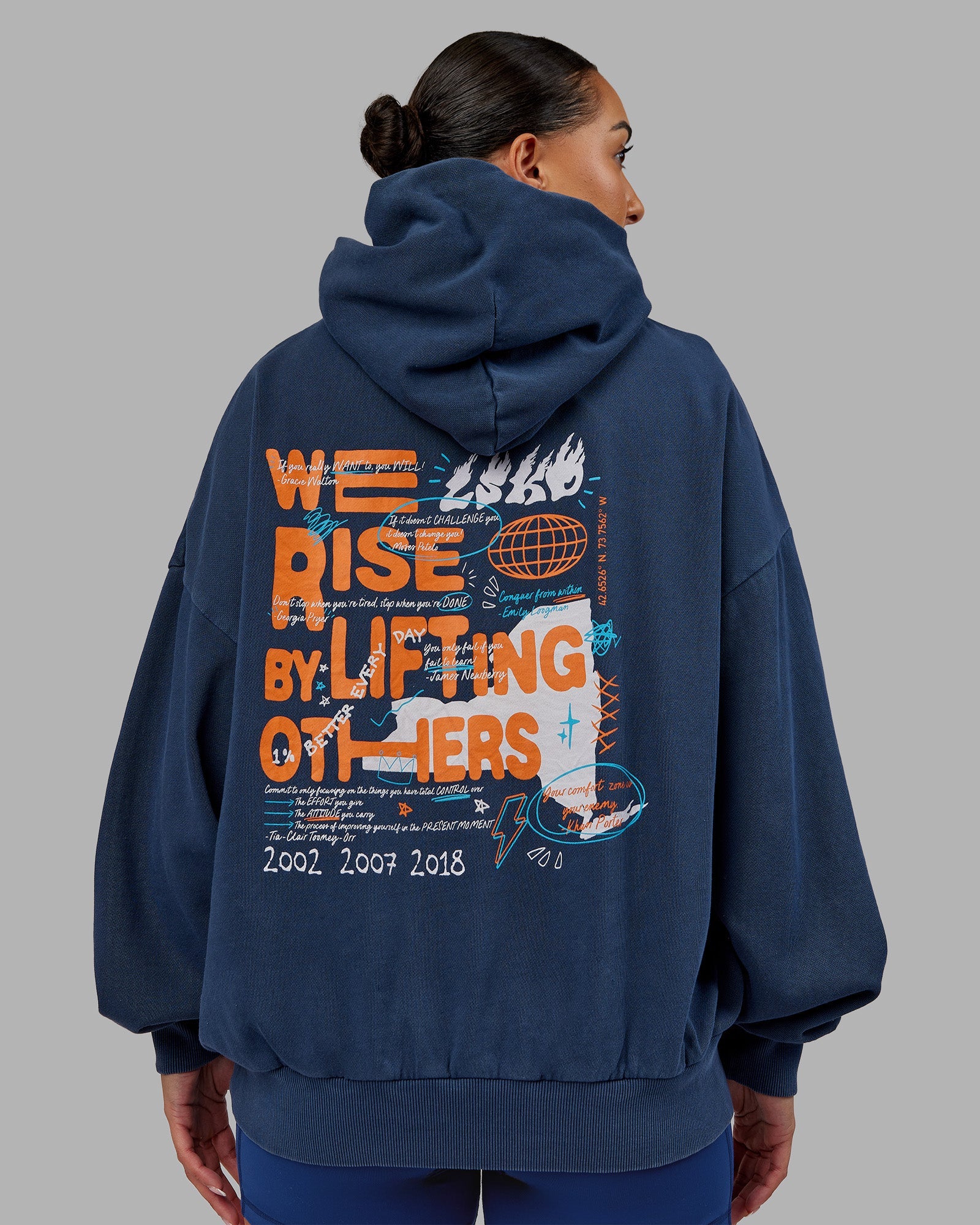 Woman wearing NY25 Washed Oversized Hoodie - Future Navy-Ultra Orange | Model:Ayla | Size:XS
