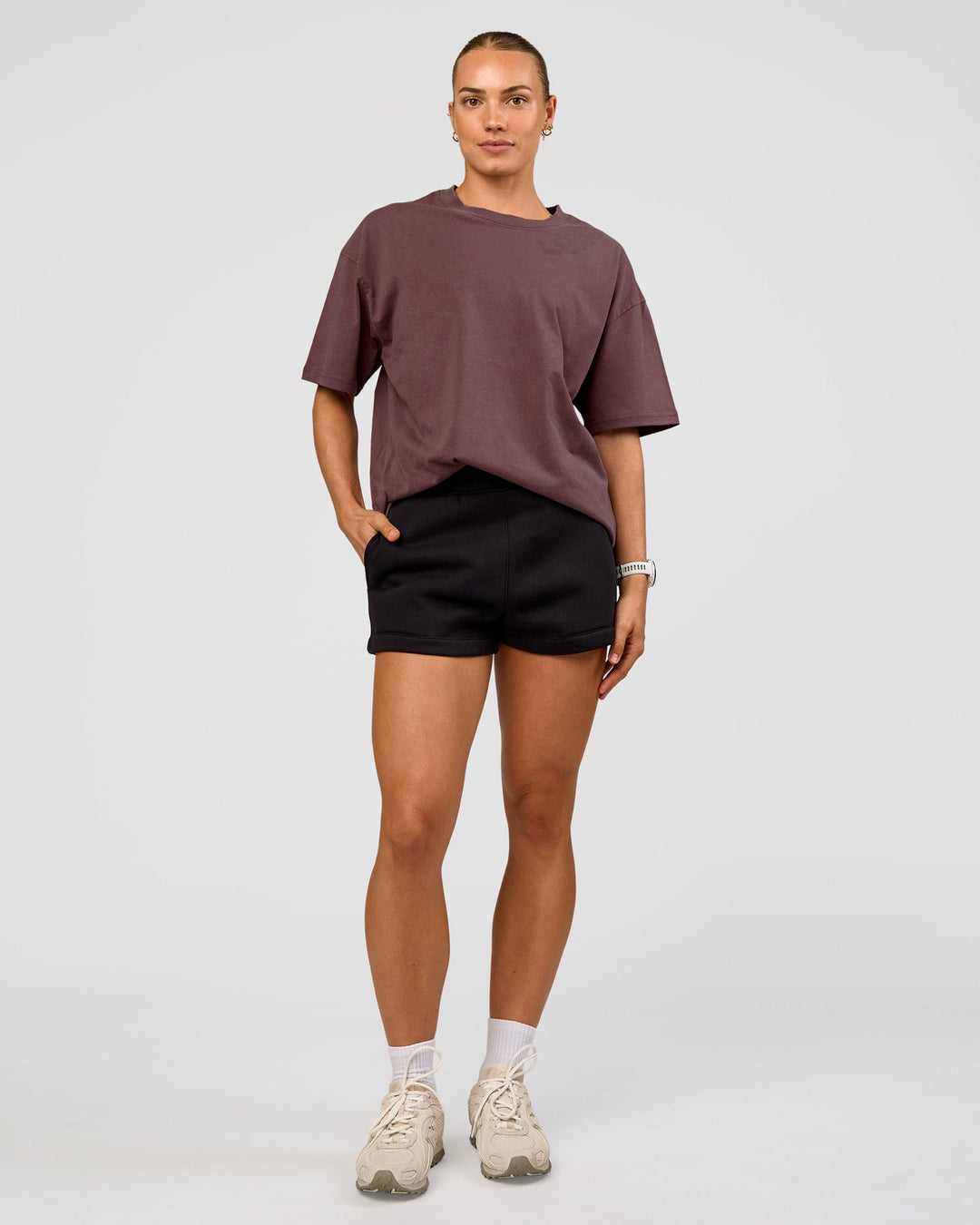 Woman wearing Offset Heavyweight Unisex Oversized Tee - Cocoa Powder-Cocoa Powder | Model:Maja | Size:XS