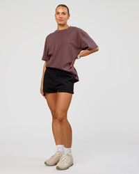Woman wearing Offset Heavyweight Unisex Oversized Tee - Cocoa Powder-Cocoa Powder | Model:Maja | Size:XS