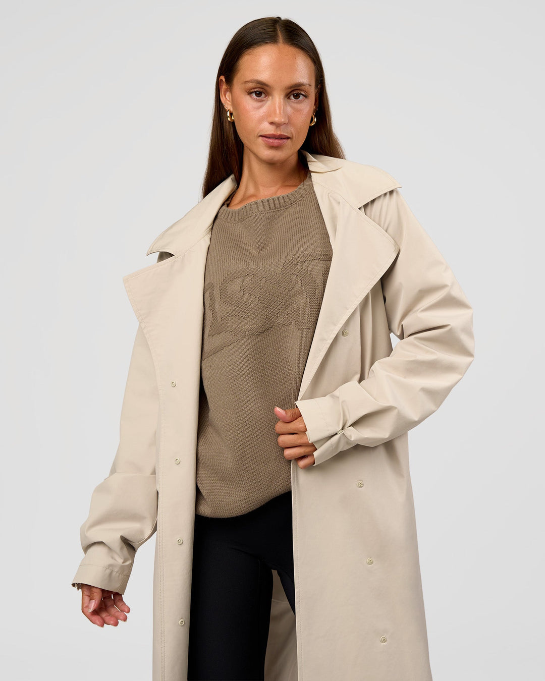 Woman wearing On the Move Trench Coat - Shale Beige | Model:Brylee | Size:XS - view 11