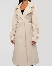 Woman wearing On the Move Trench Coat - Shale Beige | Model:Brylee | Size:XS | Thumbnail Index: 8
