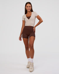 Woman wearing Peaches Wrap Cinch Top - Shale Beige | Model:Brylee | Size:XS | Thumbnail Index: 6