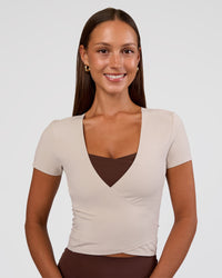 Woman wearing Peaches Wrap Cinch Top - Shale Beige | Model:Brylee | Size:XS | Thumbnail Index: 2