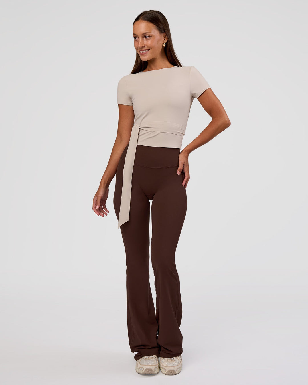 Woman wearing Peaches Wrap Cinch Top - Shale Beige | Model:Brylee | Size:XS - view 6