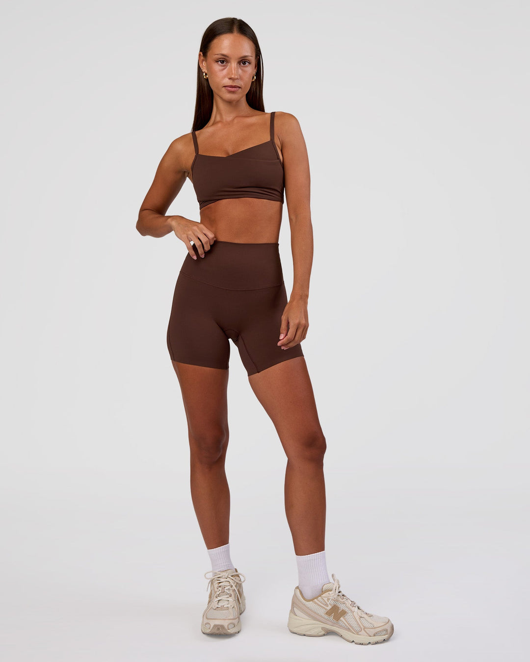 Woman wearing Peaches Wrap Sports Bra - Hot Chocolate | Model:Brylee | Size:XS - view 6