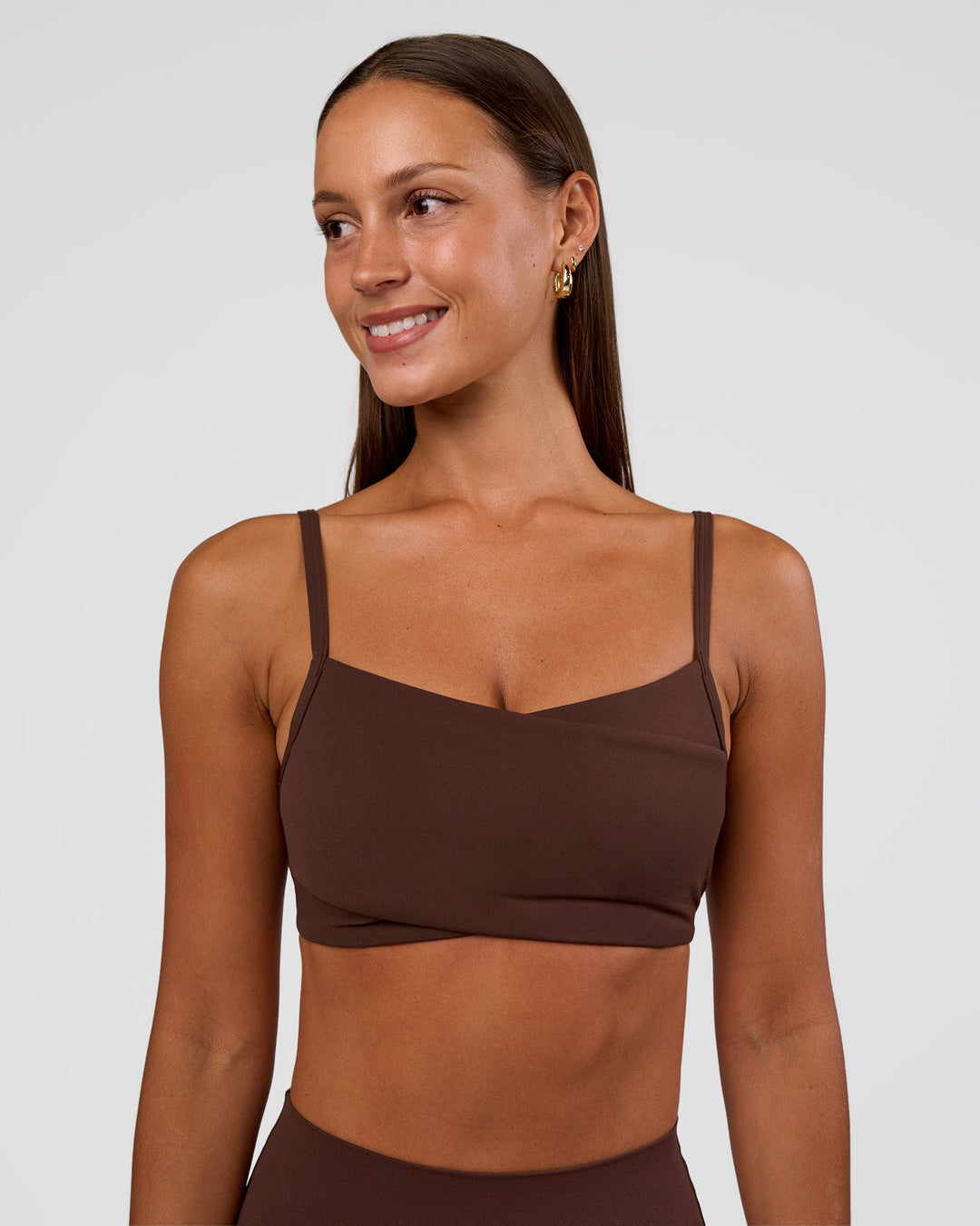 Woman wearing Peaches Wrap Sports Bra - Hot Chocolate | Model:Brylee | Size:XS - view 2