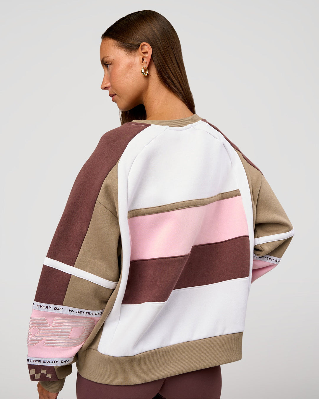 Woman wearing Power Sweater - Cocoa Powder-Marshmallow | Model:Brylee | Size:XS