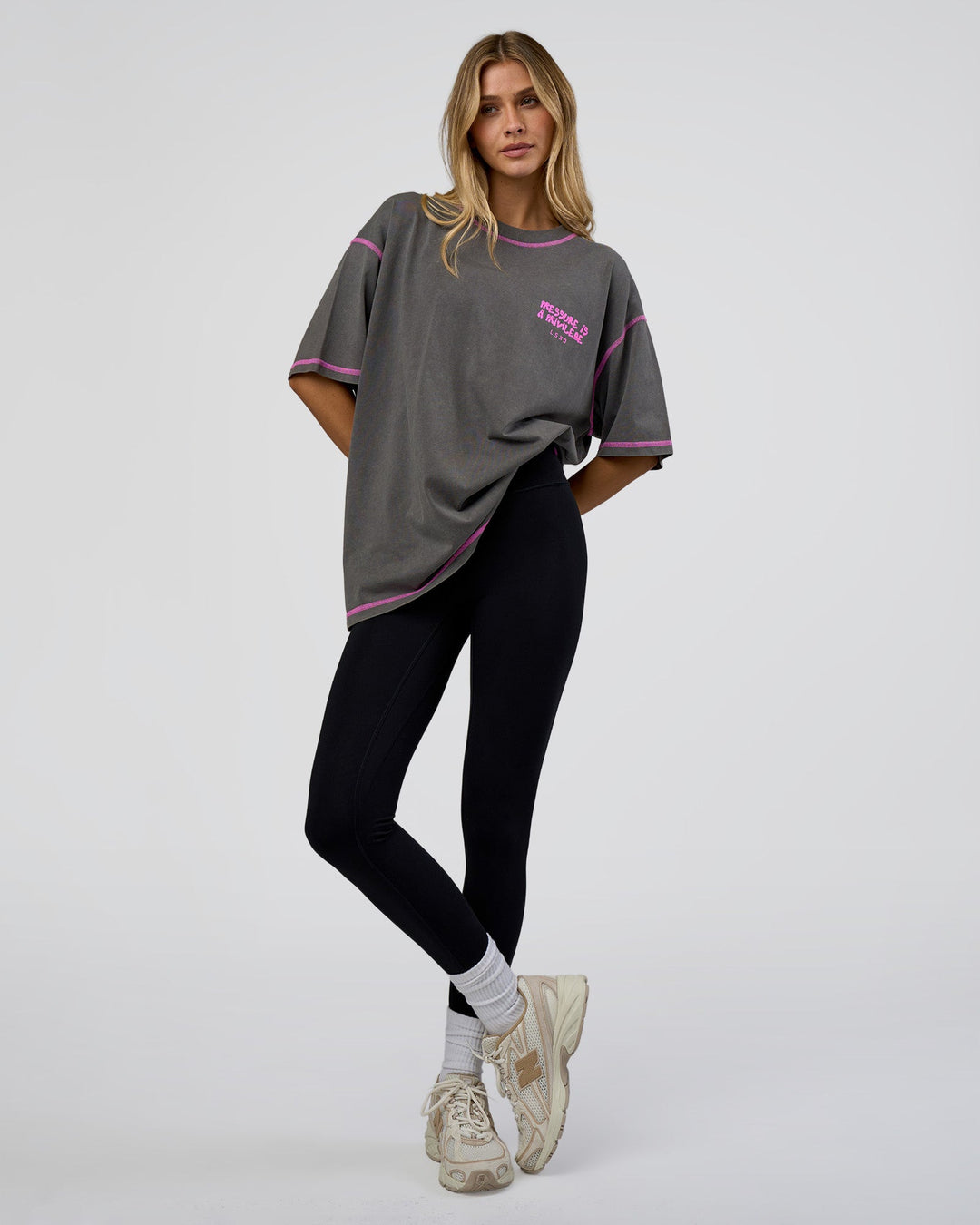 Woman wearing Pressure is Privilege Oversized Tee - Dark Storm Washed-Ultra Fuchsia | Model:Leilani | Size:XS