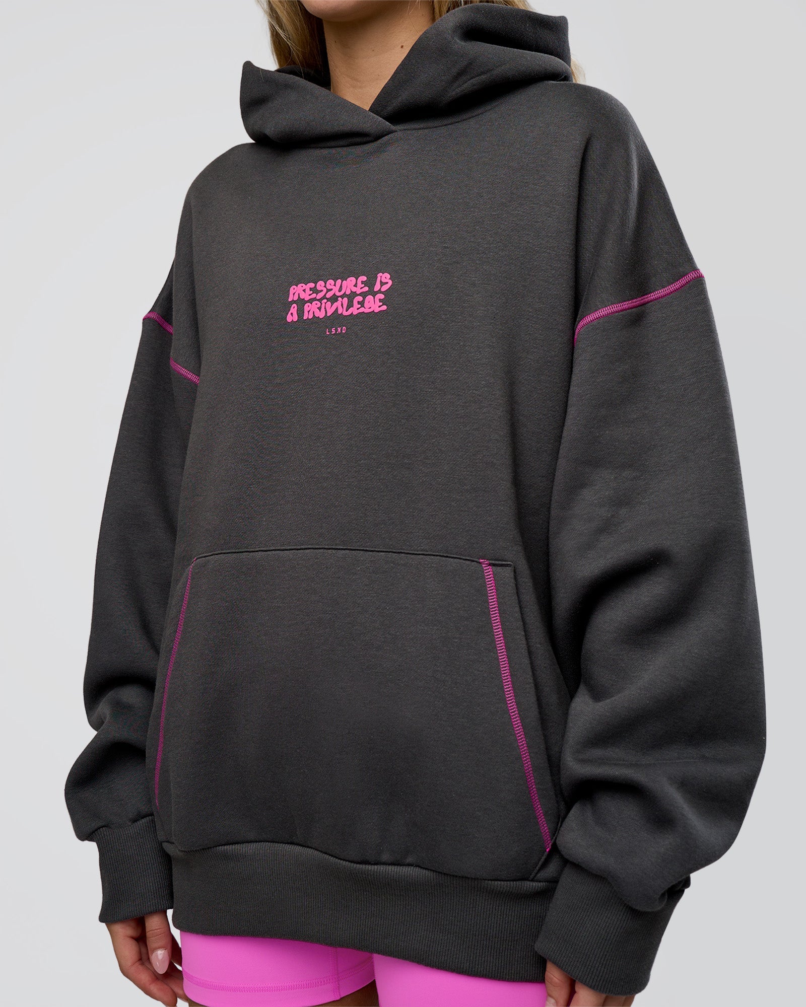 Pressure is Privilege Oversized Hoodie - Dark Storm-Ultra Fuchsia
