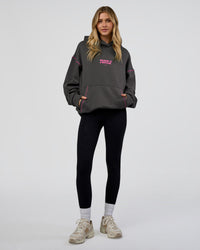Woman wearing Pressure is Privilege Oversized Hoodie - Dark Storm-Ultra Fuchsia | Model:Leilani | Size:XS