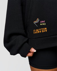 Woman wearing Pride Sticker Boxy Hoodie - Black | Model:Bianca | Size:XS