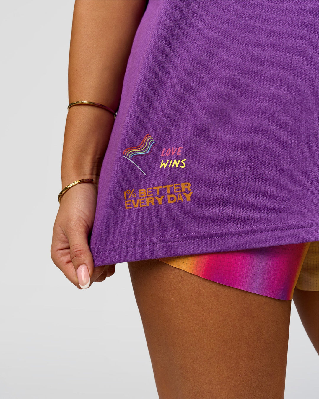 Woman wearing Pride Sticker Boxy Tee - Fresh Purple | Model:Bianca | Size:XS