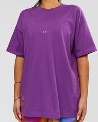 Woman wearing Pride Sticker Boxy Tee - Fresh Purple | Model:Bianca | Size:XS