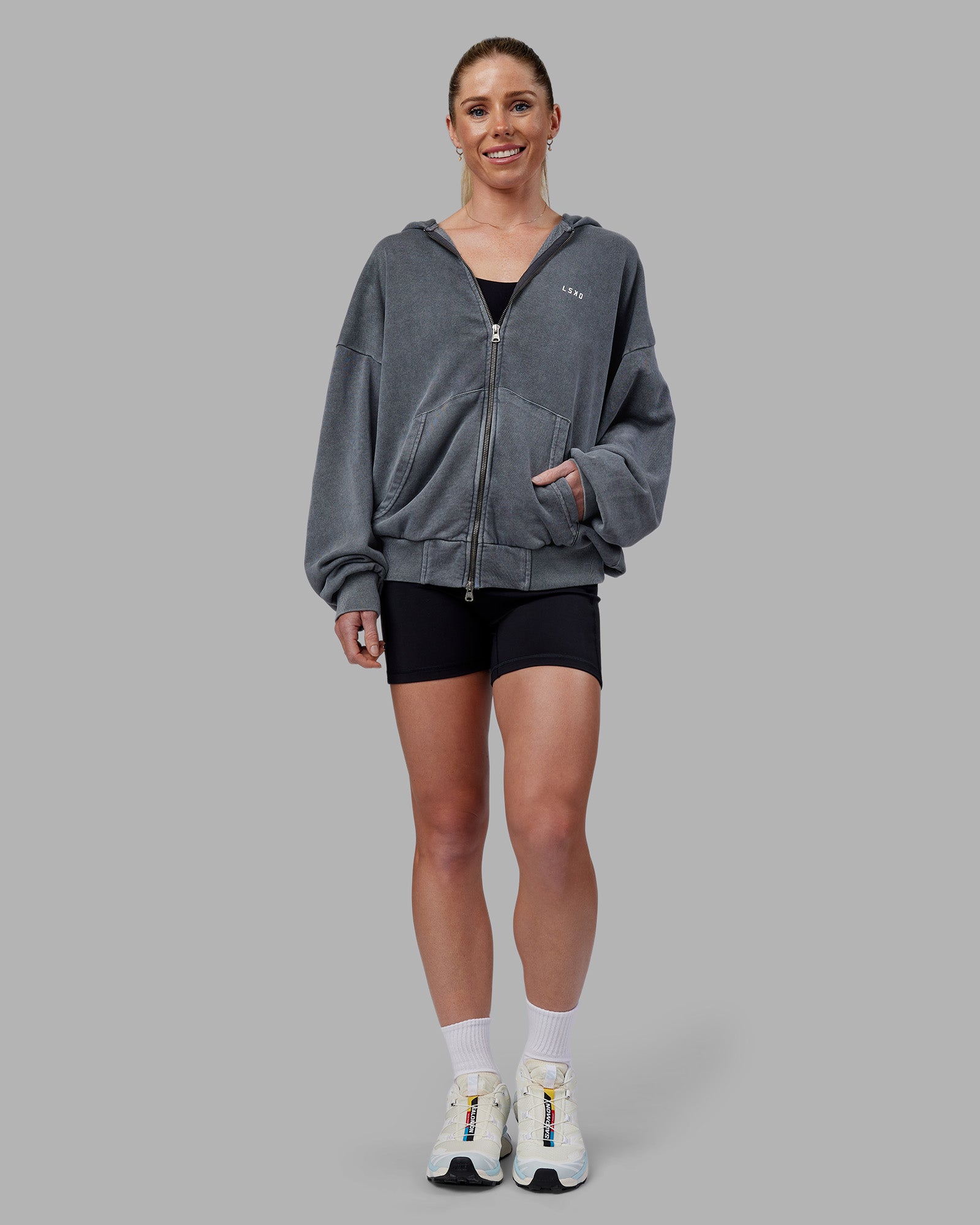 Relentless Washed Zip Through Oversized Hoodie - Dark Storm-White