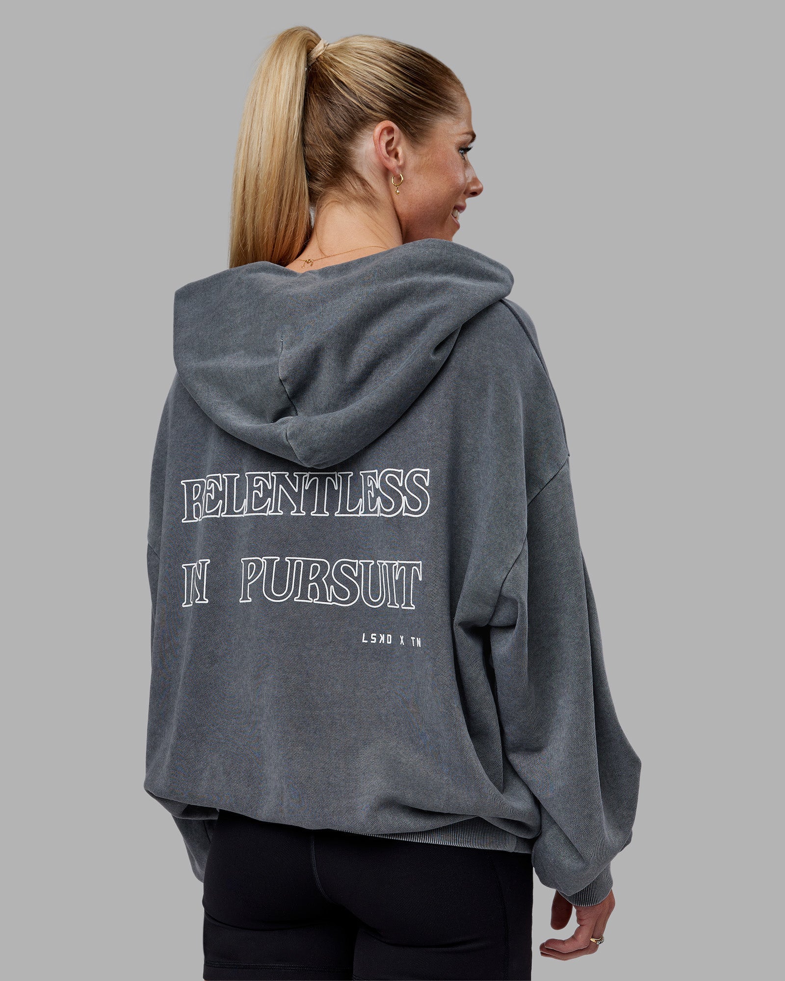 Relentless Washed Zip Through Oversized Hoodie - Dark Storm-White