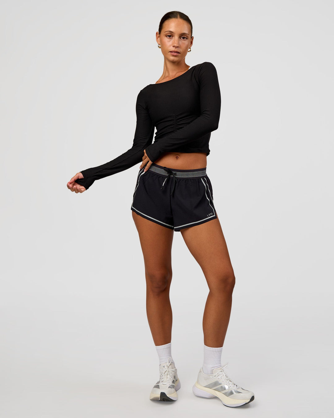 Woman wearing Scrunch Long Sleeve Tee - Black | Model:Brylee | Size:XS - view 7