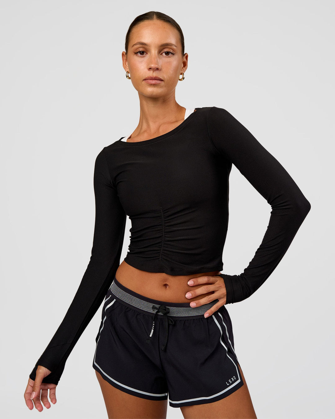 Woman wearing Scrunch Long Sleeve Tee - Black | Model:Brylee | Size:XS - view 1