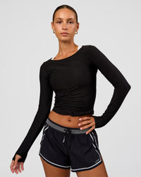 Woman wearing Scrunch Long Sleeve Tee - Black | Model:Brylee | Size:XS | Thumbnail Index: 0