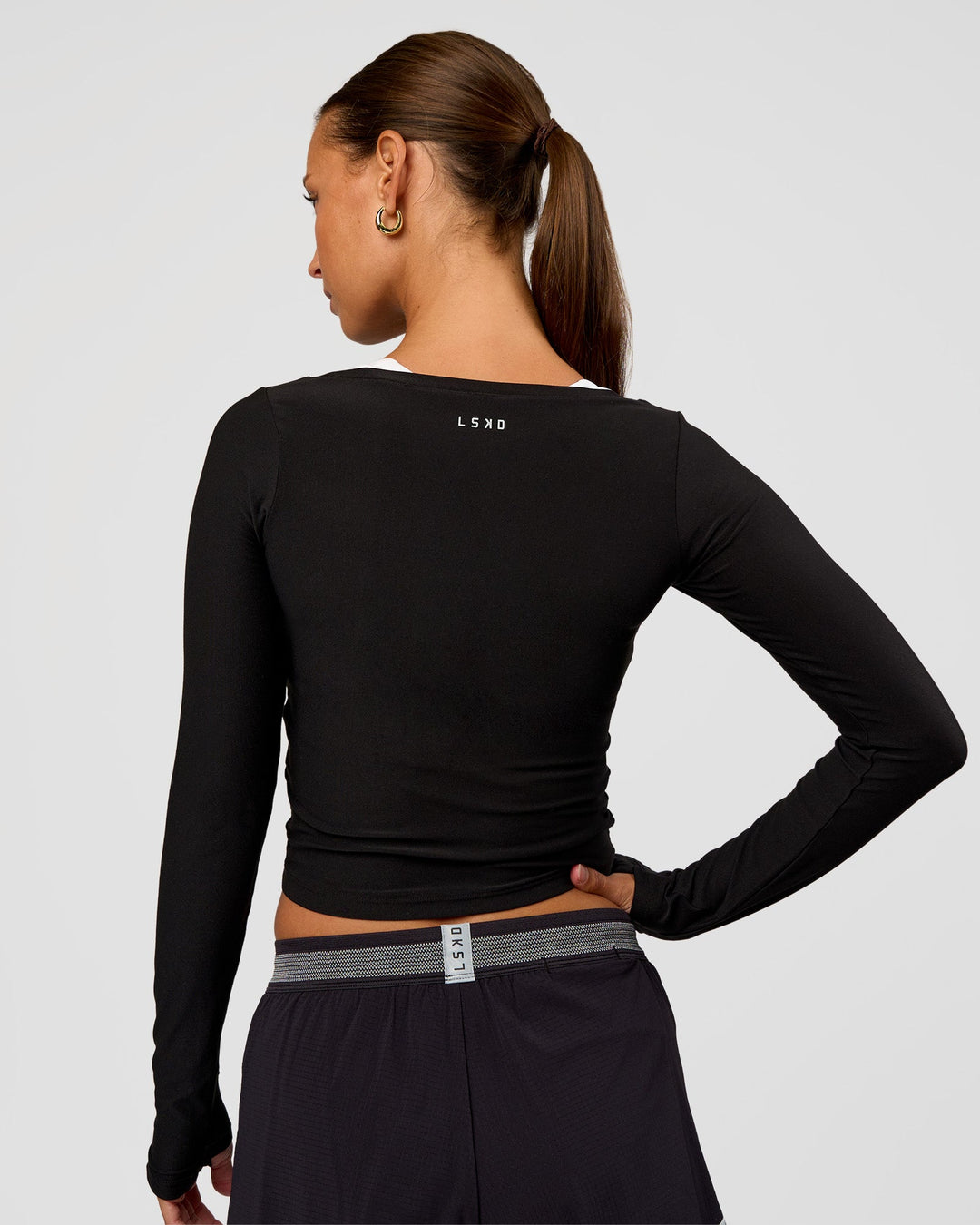 Woman wearing Scrunch Long Sleeve Tee - Black | Model:Brylee | Size:XS - view 3