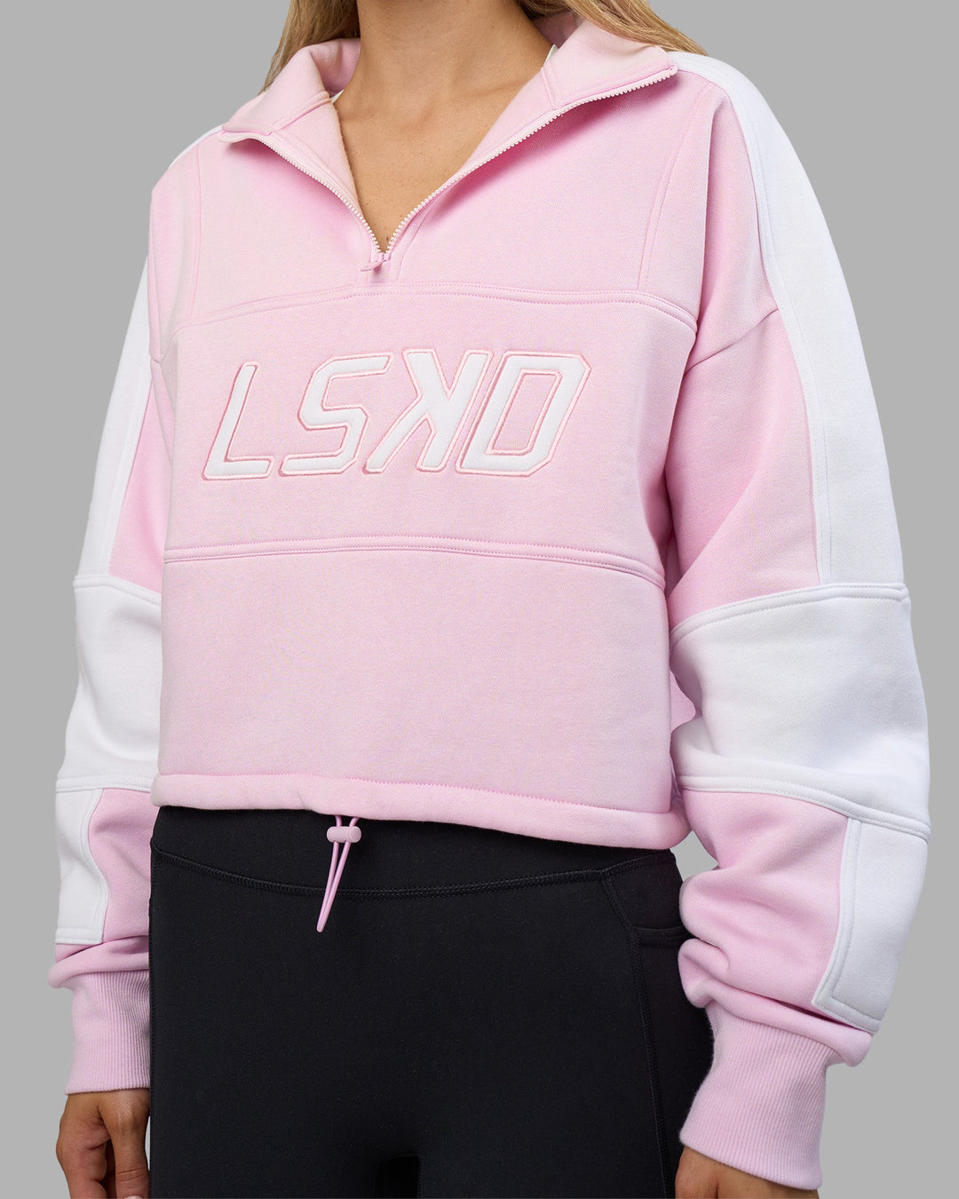 Woman wearing Slam Quarter Zip Sweater - Marshmallow-White | Model:Leilani | Size:XS
