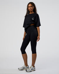 Woman wearing Sticker Heavyweight Oversized Tee - Black-White | Model:Jordan | Size:XS