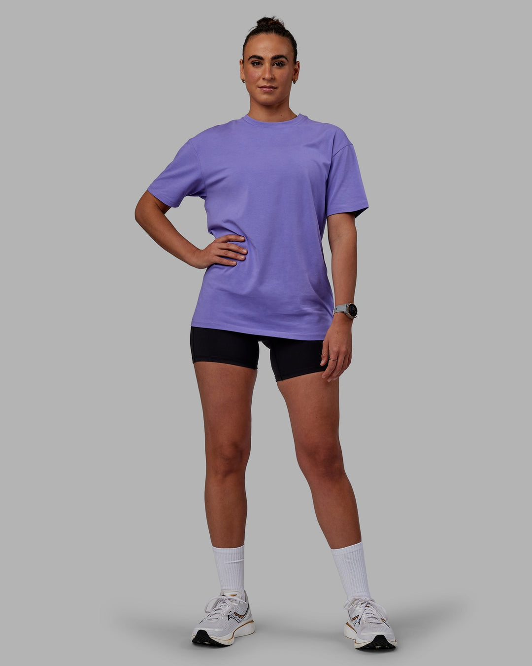 Woman wearing Unisex Keep On Running FLXCotton Tee Oversize - Dahlia Purple